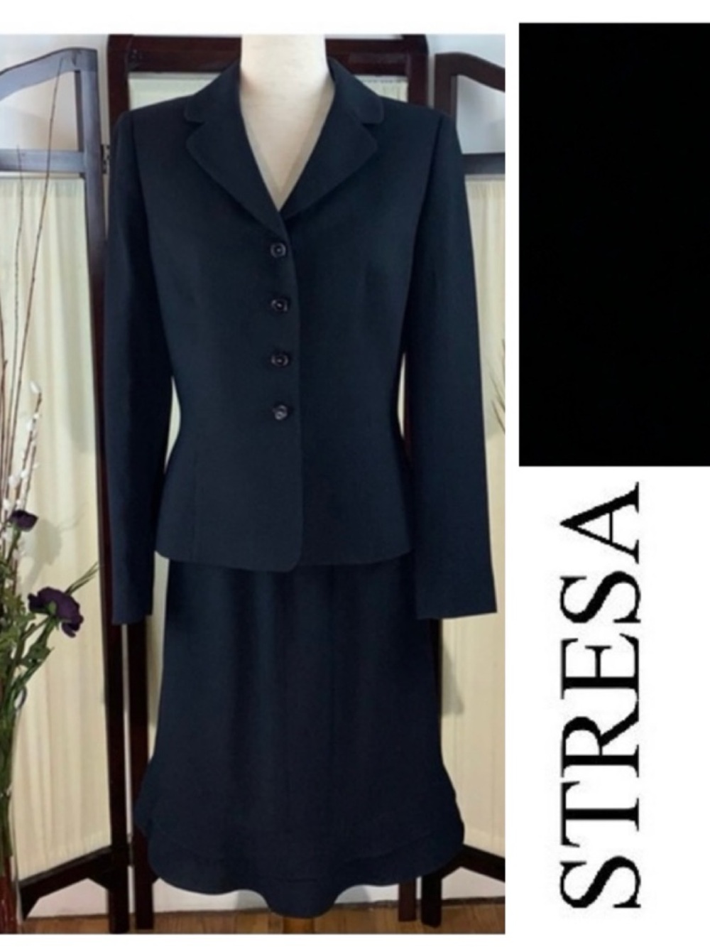 Stresa 2-piece black with cream micro-dots jacket and skirt suit set.